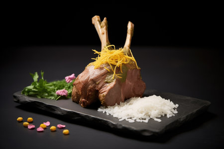 lamb korma with coconut shaving garnish, on a dark stone slabの素材