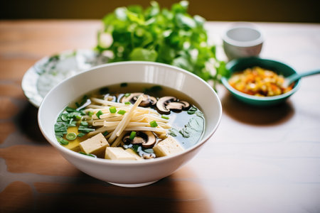 vegetarian pho with tofu and mushrooms, fresh herbs on sideの素材
