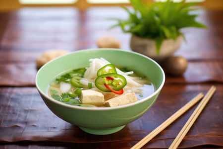 pho with tofu and veggies, focused on green onion garnishの素材