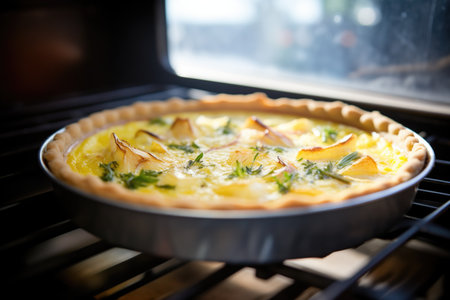 quiche in an open oven, golden crust illuminated by lightの素材