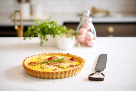quiche lorraine on a marble countertop with a pie serverの素材