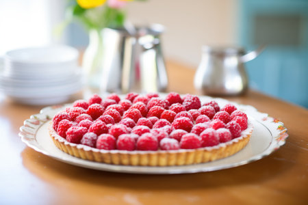 glazed raspberry tart with shiny topping on a silver platterの素材