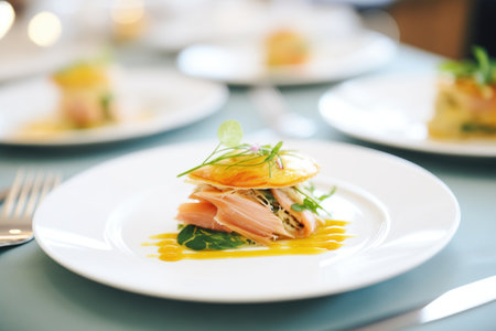 portions of salmon en croute on individual guest platesの素材