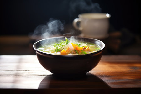 steaming bowl of gumbo on a dark wooden tableの素材