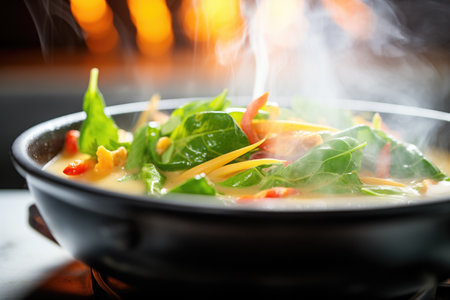 steam rising from hot vegetable kurma in a potの素材