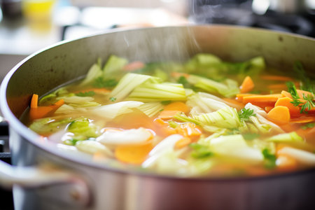 close-up of simmering vegetable soup in a stockpotの素材