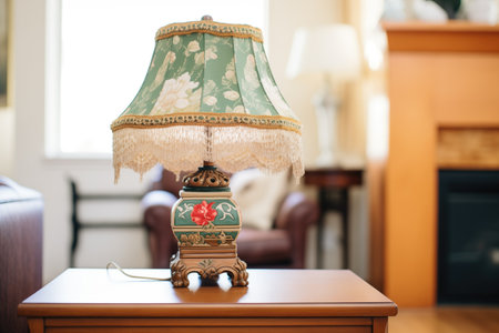 victorianstyle lamp with tasseled shade on side tableの素材