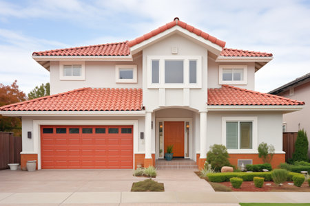 twostory mediterranean house with red tiled roofの素材
