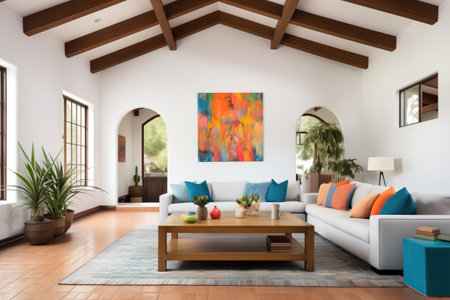 haciendastyle living room with white walls and exposed wooden trussesの素材