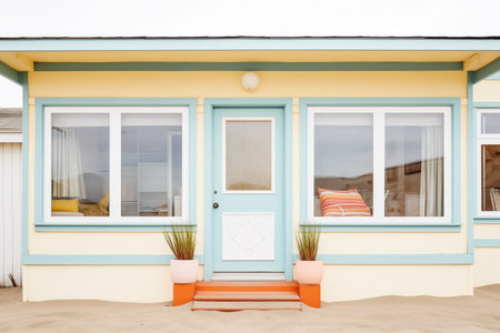 creamcolored beach cottage with blue window frames and sand dunesの素材