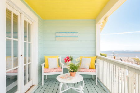 yellow pastel cottage balcony with ocean viewの素材