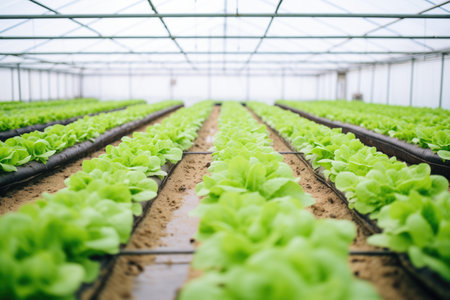 rows of lettuce growing in an aquaponic greenhouseの素材