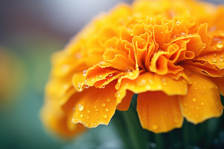closeup of dew drops on marigold petalsの素材
