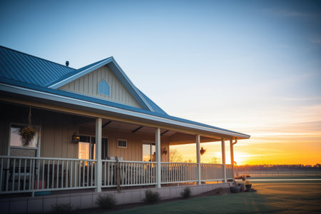 sunset behind farmhouse, silhouetted metal roof edgesの素材
