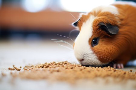 guinea pig sniffing a pile of pelletsの素材