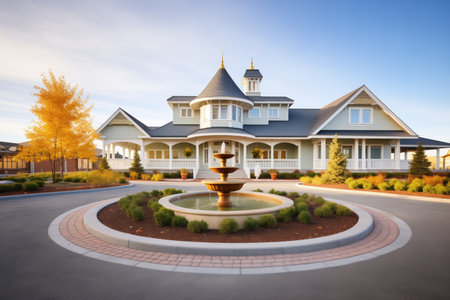 grand woodshingle house with circular driveway and fountainの素材