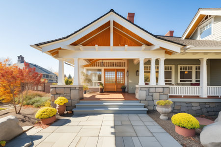 shingle style house with veranda and a stone walkway entranceの素材