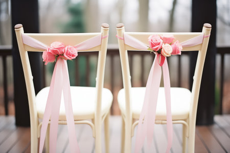 wedding chairs with pink ribbons and fresh roses tied on backsの素材