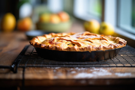 rustic apple pie with a flaky crust, cooling on a rackの素材