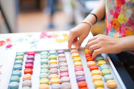 tray of colorful macarons being placed in a display windowの素材