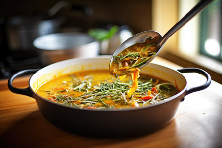 tasting spoon over pot of simmering curry and fresh herbsの素材