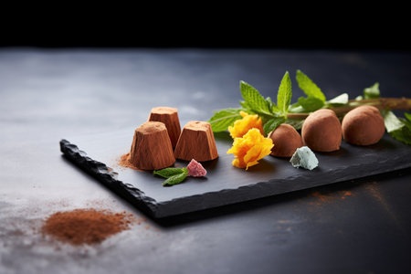 neat row of chocolate truffles on a dark slate board, with cocoaの素材