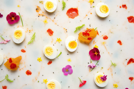 overhead shot of deviled eggs on a marbled surfaceの素材