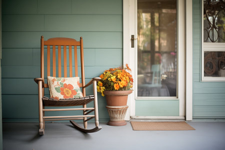 classic wooden rocking chair on a cozy porchの素材