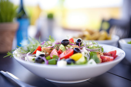 greek salad, black olives focus, blurred backgroundの素材