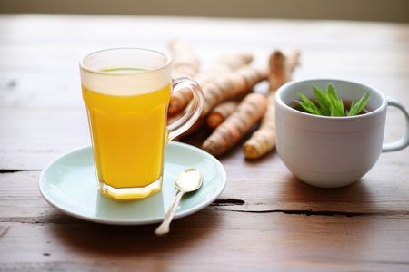 fresh turmeric root next to a cup of turmeric teaの素材