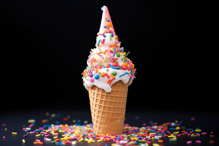 rainbow sprinkle covered cone with white backgroundの素材