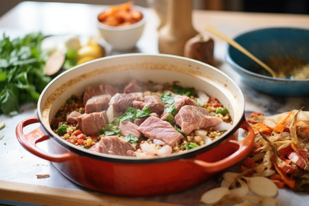 partially cooked lamb tagine with raw ingredients aroundの素材