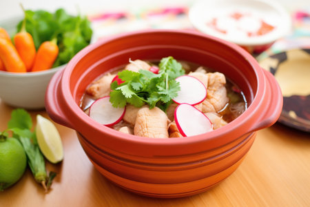 red pozole in a clay bowl with radish and lime slicesの素材