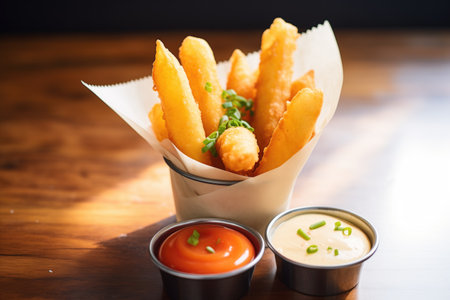mozzarella sticks in a paper cone with dipping sauce on the sideの素材