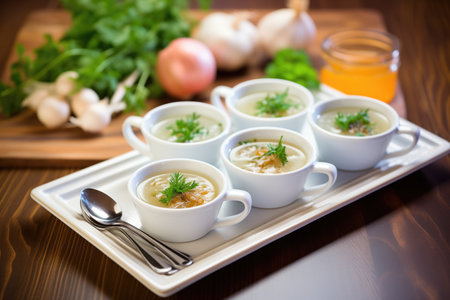 tray with bowls of onion soup ready for service, parsley garnishの素材