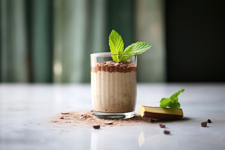 a single glass of chocolate banana oats with a mint leaf, morning light castの素材