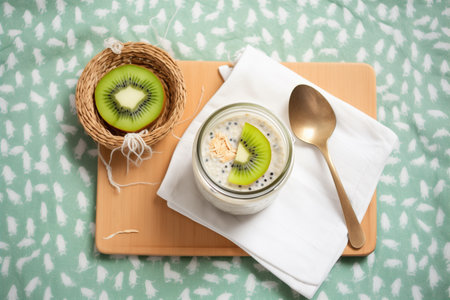 high-angle shot of overnight oats with kiwi and coconut, on a bamboo matの素材
