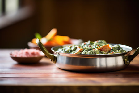side view of creamy palak paneer in a copper serving dishの素材