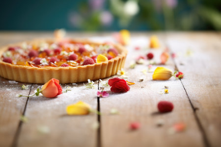 fresh raspberries spilling around a freshly-baked tartの素材