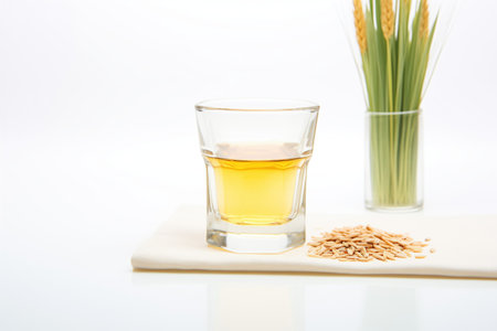 clear glass containing rejuvelac on white background with wheat grainsの素材