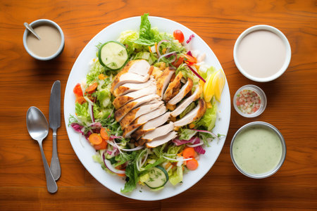 creative overhead shot of a salad topped with slices of stuffed chicken, dressings in the cornerの素材