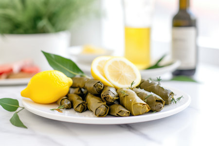 close-up of stuffed vine leaves on white plate, lemon slices on sideの素材