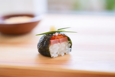 umeboshi inside onigiri rice ball, partially openの素材