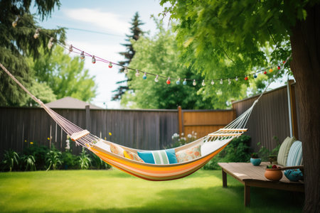 hammock tied between trees in a lush backyardの素材