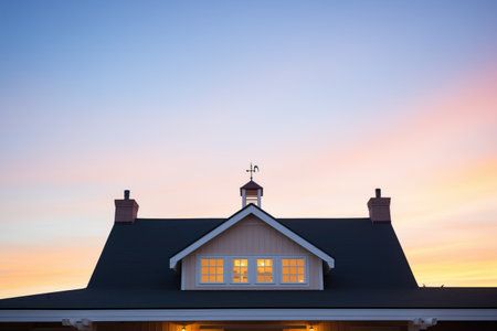 gambrel roof silhouette at sunset with warm skyの素材