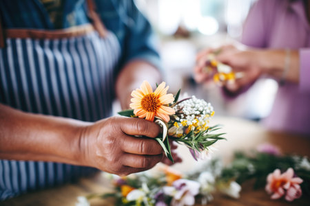 closeup of florists hands crafting a flower crownの素材