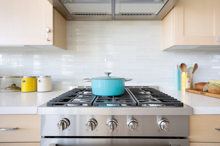 modern gas stove in a bright kitchen with stainless steel potsの素材