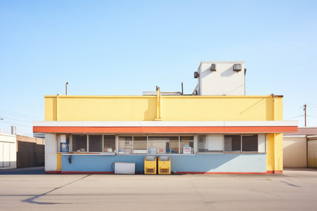 industrial building with flat roof, clear skyの素材