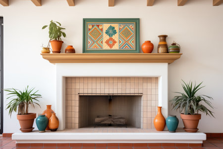indoor fireplace with terracotta pots and spanish tilesの素材
