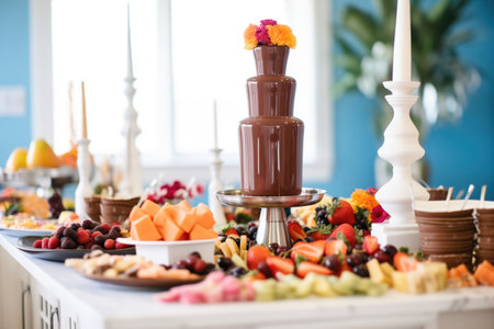 chocolate fountain on a dessert table with fruit skewers and sweetsの素材